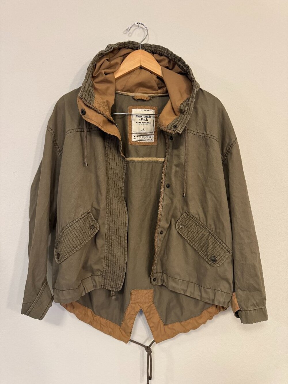 Abercrombie & Fitch Utility Fishtail Parka Jacket Olive Green Tan Hooded S